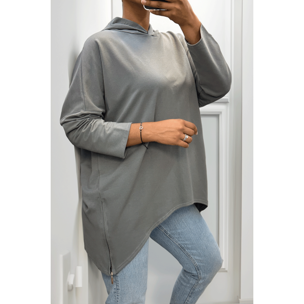 Sweat anthracite à capuche style asymétrique et loose avec fermeture sur le côté - 2