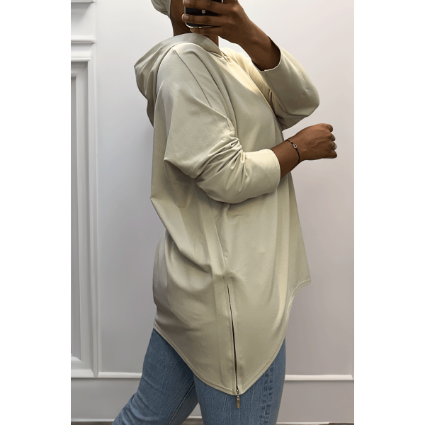 Sweat beige à capuche style asymétrique et loose avec fermeture sur le côté - 1