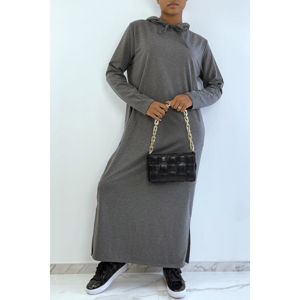 Longue robe sweat abaya anthracite à capuche - 1