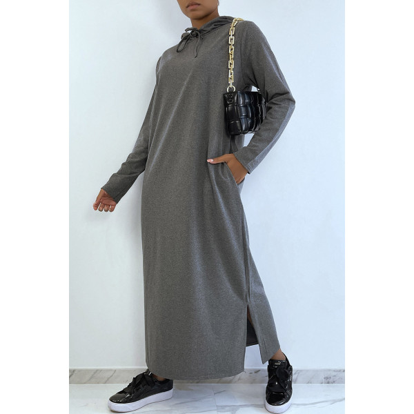 Longue robe sweat abaya anthracite à capuche - 2