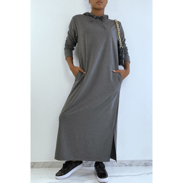 Longue robe sweat abaya anthracite à capuche - 3