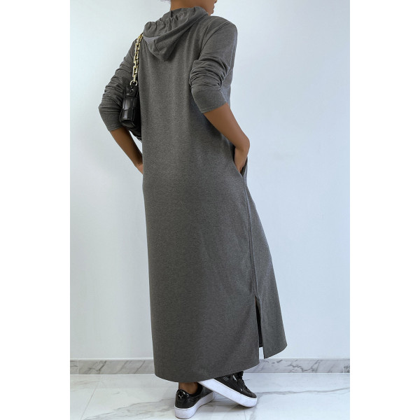 Longue robe sweat abaya anthracite à capuche - 4