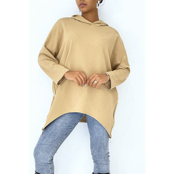 Sweat camel à capuche style asymétrique et loose avec fermeture sur le côté - 1