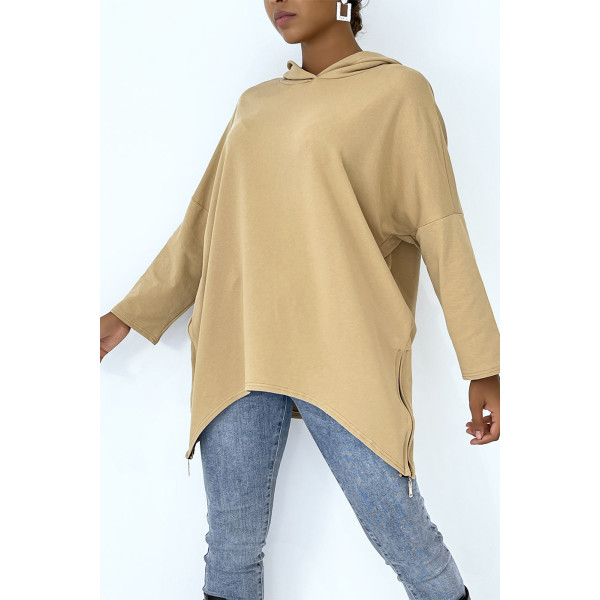 Sweat camel à capuche style asymétrique et loose avec fermeture sur le côté - 2