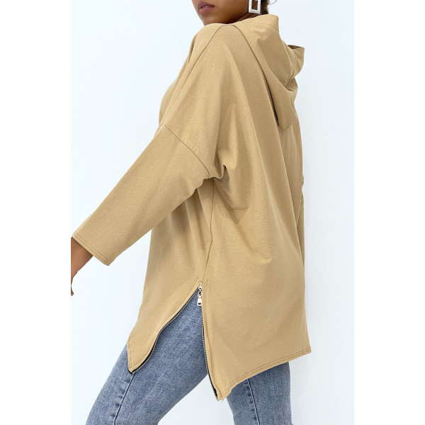 Sweat camel à capuche style asymétrique et loose avec fermeture sur le côté - 3