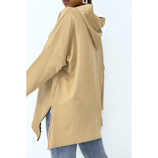 Sweat camel à capuche style asymétrique et loose avec fermeture sur le côté - 4