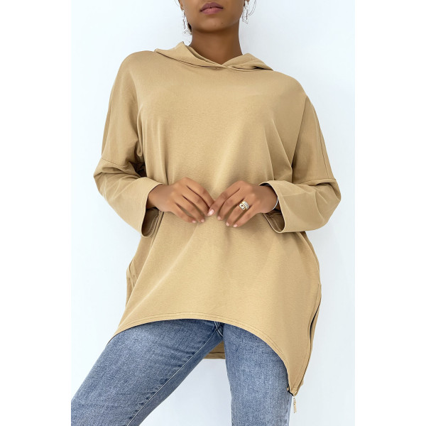 Sweat camel à capuche style asymétrique et loose avec fermeture sur le côté - 5