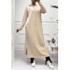 Longue robe sweat abaya beige à capuche - 1