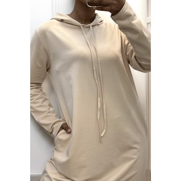 Longue robe sweat abaya beige à capuche - 2