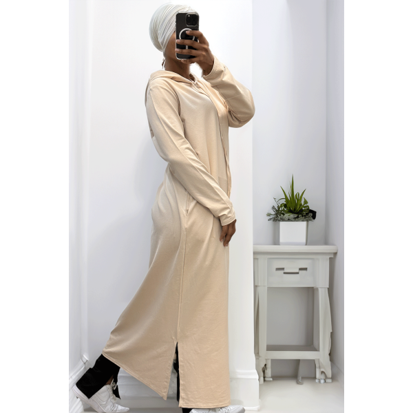 Longue robe sweat abaya beige à capuche - 3