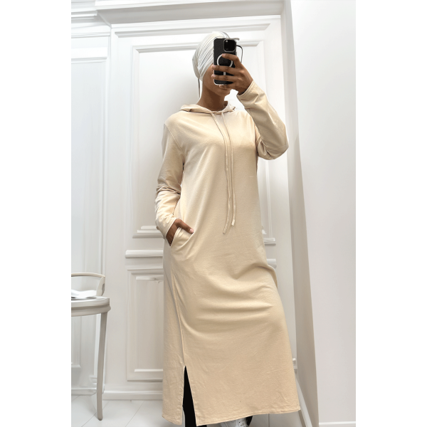 Longue robe sweat abaya beige à capuche - 5