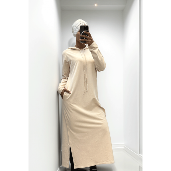 Longue robe sweat abaya beige à capuche - 6