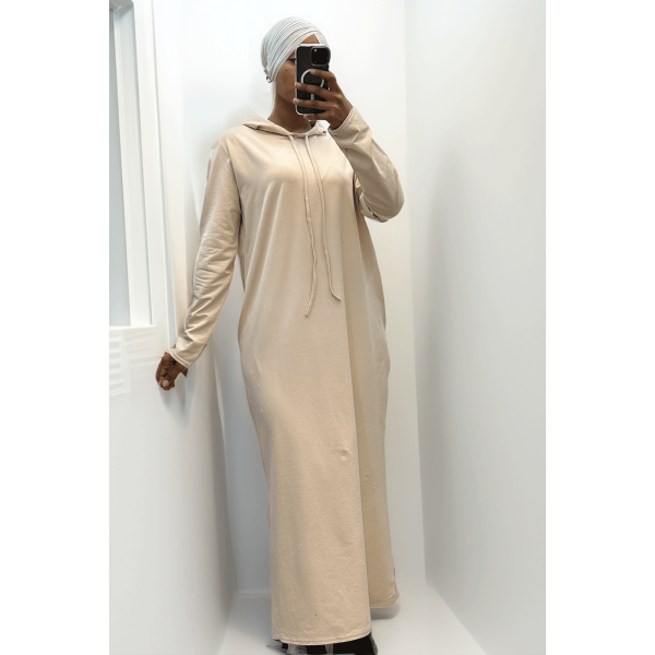 Longue robe sweat abaya beige à capuche - 7