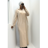 Longue robe sweat abaya beige à capuche - 7