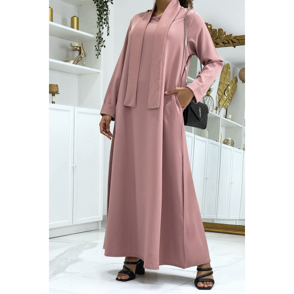 Longue abaya rose avec poches et ceinture - 2