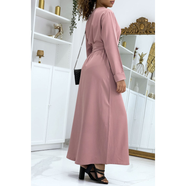 Longue abaya rose avec poches et ceinture - 3