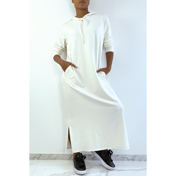 Longue robe sweat abaya blanche à capuche - 2