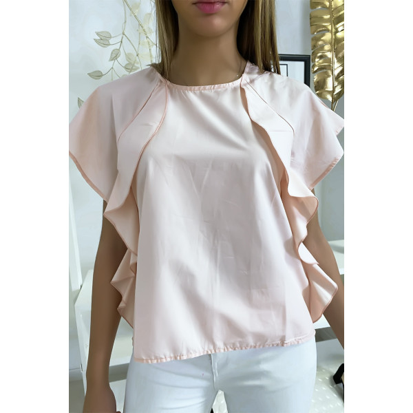 Blouse rose à volant avec trois boutons à l'épaules - 1