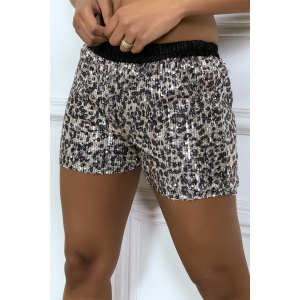 Mini short noir leopard en sequins - 6