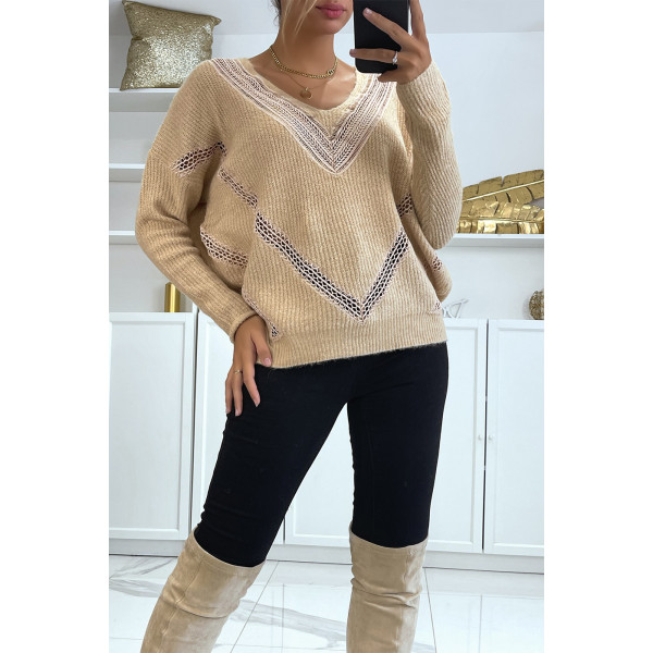 Pull col V en taupe over size avec dentelle dans une belle matière douce - 1