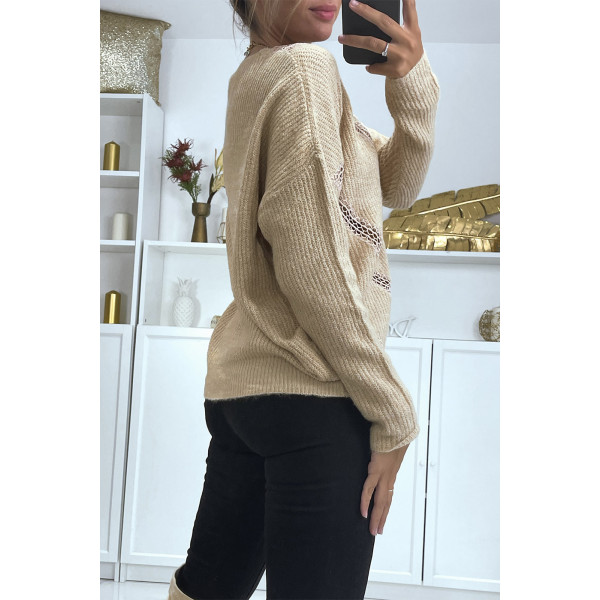 Pull col V en taupe over size avec dentelle dans une belle matière douce - 4