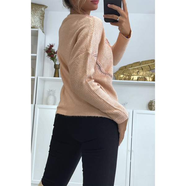 Pull col V en rose over size avec dentelle dans une belle matière douce - 4