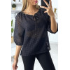 Blouse noir manches bouffante col bateau en matière à trous - 3