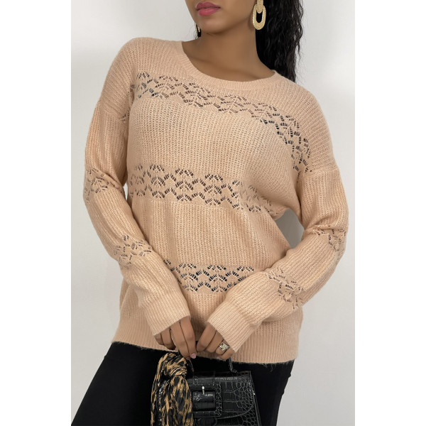 Pull ajouré rose à col rond en maille douce et chaude - 4