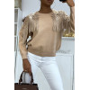 Pull taupe à dentelle et franges - 1