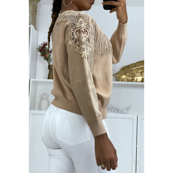 Pull taupe à dentelle et franges - 3