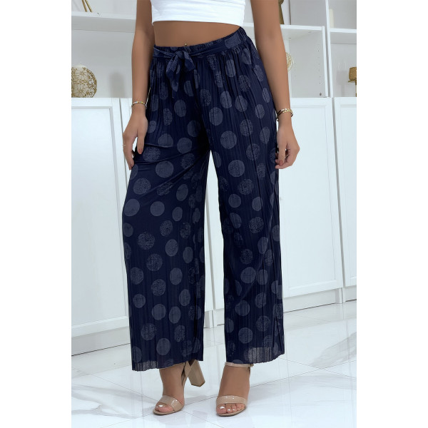 Pantalon palazzo plissé marine avec motif - 2