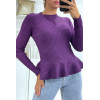 Pull violet côtelé coupe péplum et col haut - 4