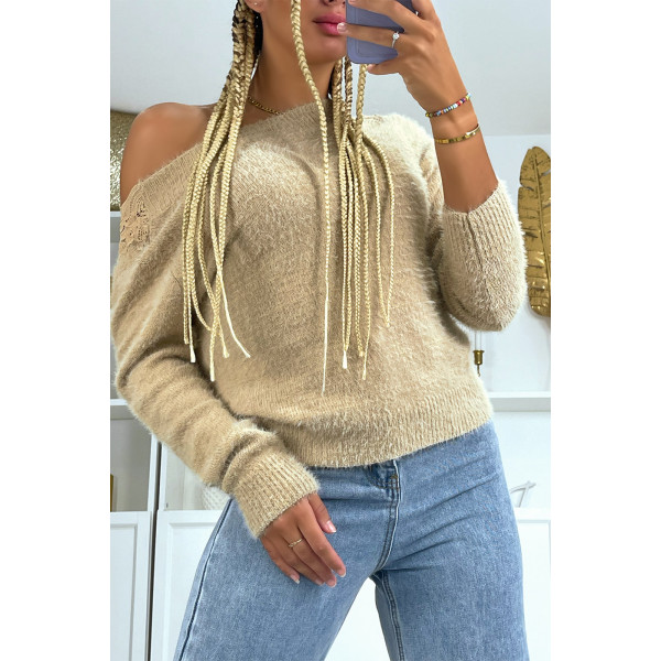 Pull duveteux beige à dos nu et détails dentelle - 1