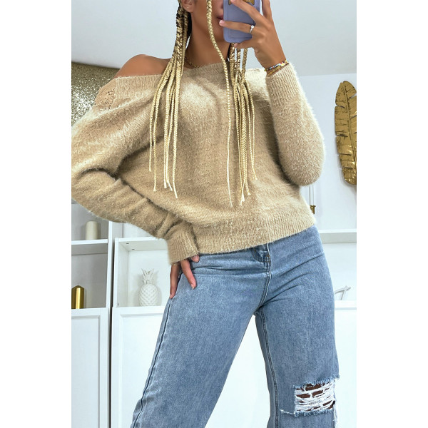 Pull duveteux beige à dos nu et détails dentelle - 2