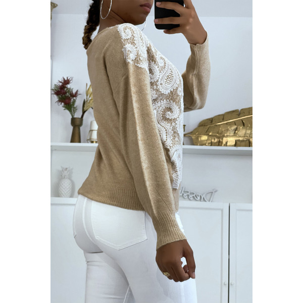 Pull col V beige à motif dentelle blanche - 3