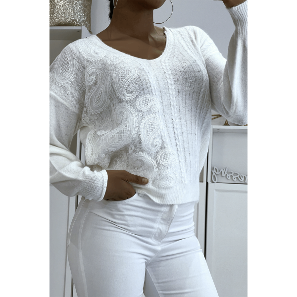 Pull col V blanc à motif dentelle blanche - 3