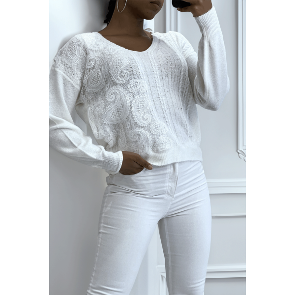 Pull col V blanc à motif dentelle blanche - 4