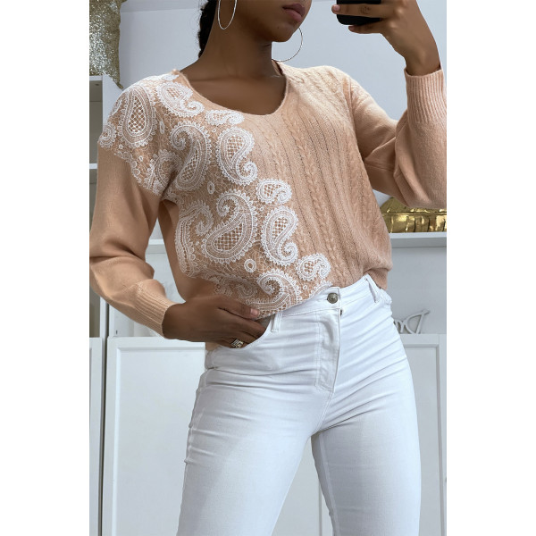 Pull col V rose pastel à motif dentelle blanche - 4