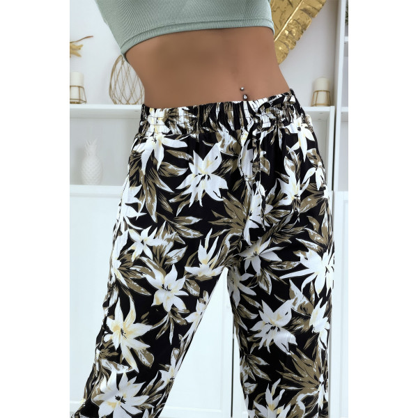 Pantalon fluide noir à motif floral B-10 - 4