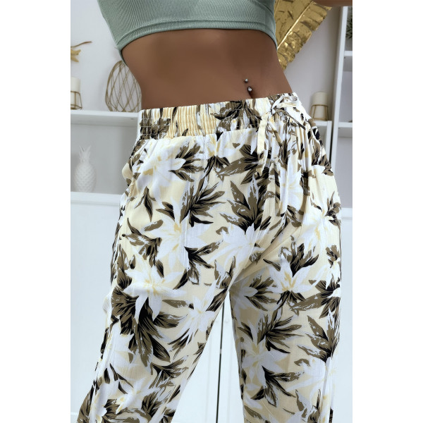 Pantalon fluide beige à motif floral B-10 - 4