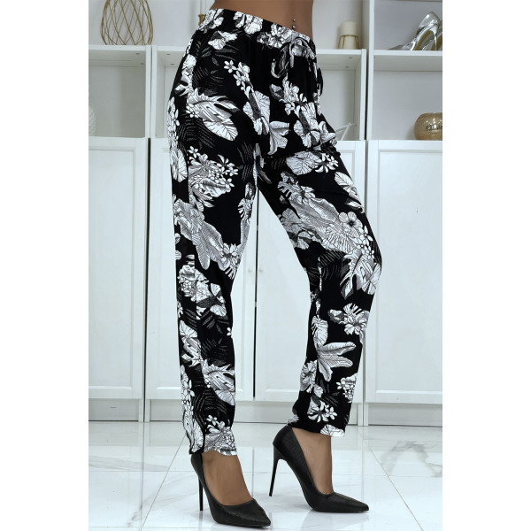 Pantalon fluide noir à motif floral B-47 - 3