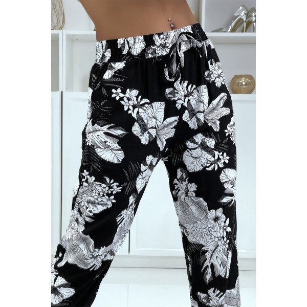 Pantalon fluide noir à motif floral B-47 - 4