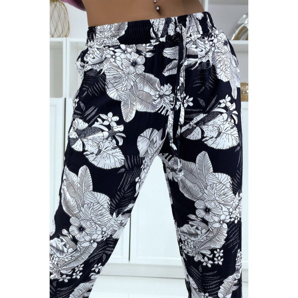 Pantalon fluide marine à motif floral B-47 - 4