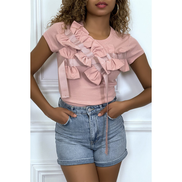 T-shirt rose manches courtes, avec des noeuds - 1