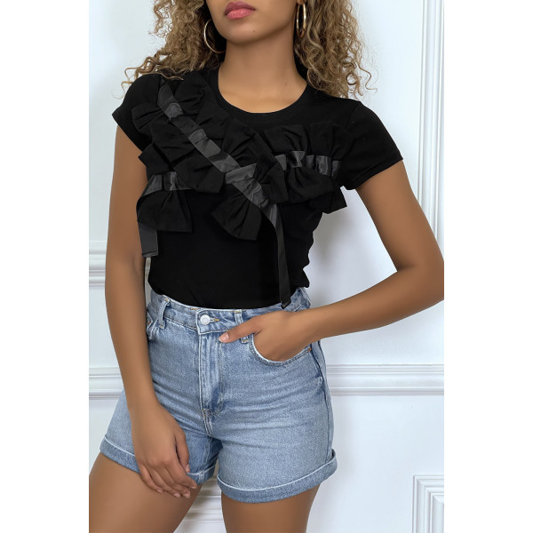 T-shirt noir manches courtes, avec des noeuds - 1