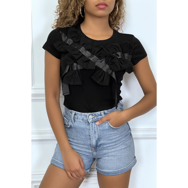 T-shirt noir manches courtes, avec des noeuds - 4