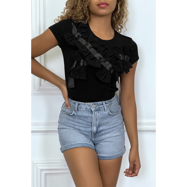 T-shirt noir manches courtes, avec des noeuds - 6