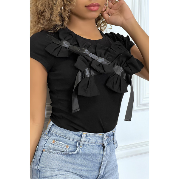 T-shirt noir manches courtes, avec des noeuds - 7