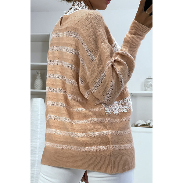 Pull rose à col rond et dentelle femme - 1