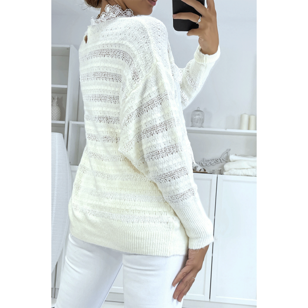 Pull ajouré blanc avec dentelles femme - 4